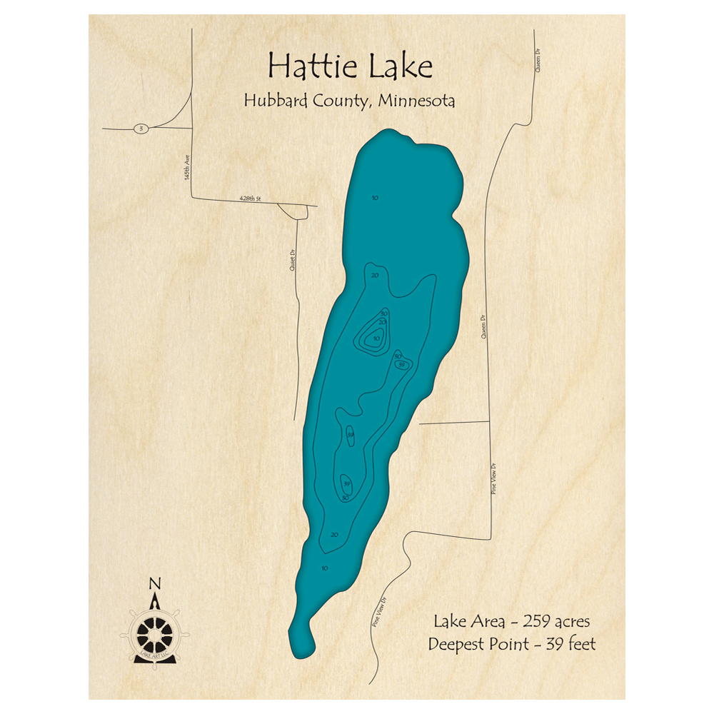 Bathymetric topo map of Hattie Lake, MN with roads, towns and depths noted in blue water.