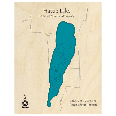 Bathymetric topo map of Hattie Lake, MN with roads, towns and depths noted in blue water.