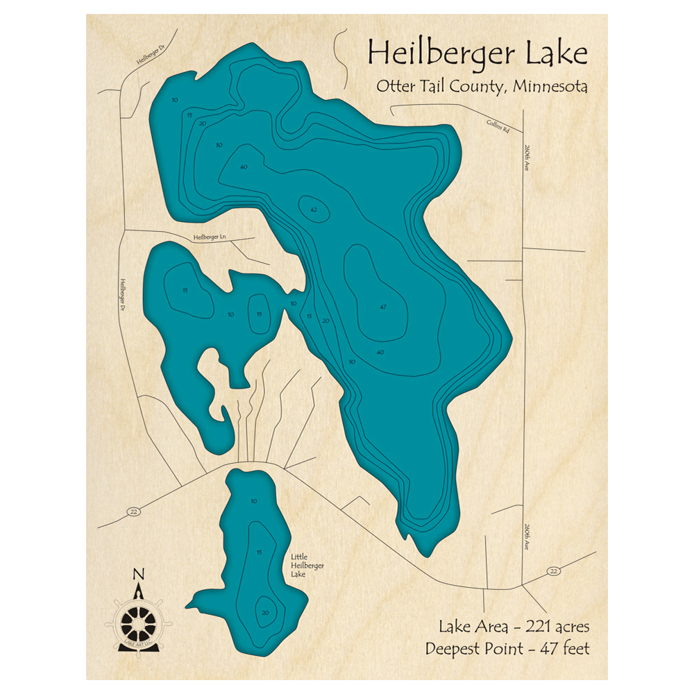 Bathymetric topo map of Heilberger Lake, MN with roads, towns and depths noted in blue water.