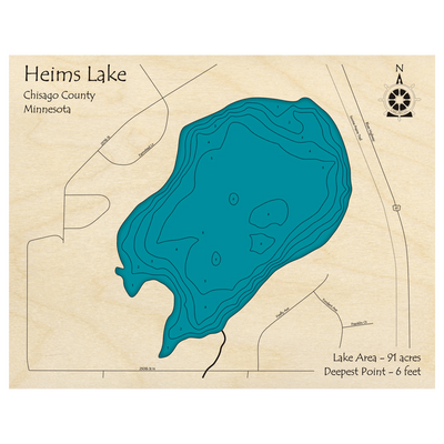 Bathymetric topo map of Heims Lake, MN with roads, towns and depths noted in blue water.