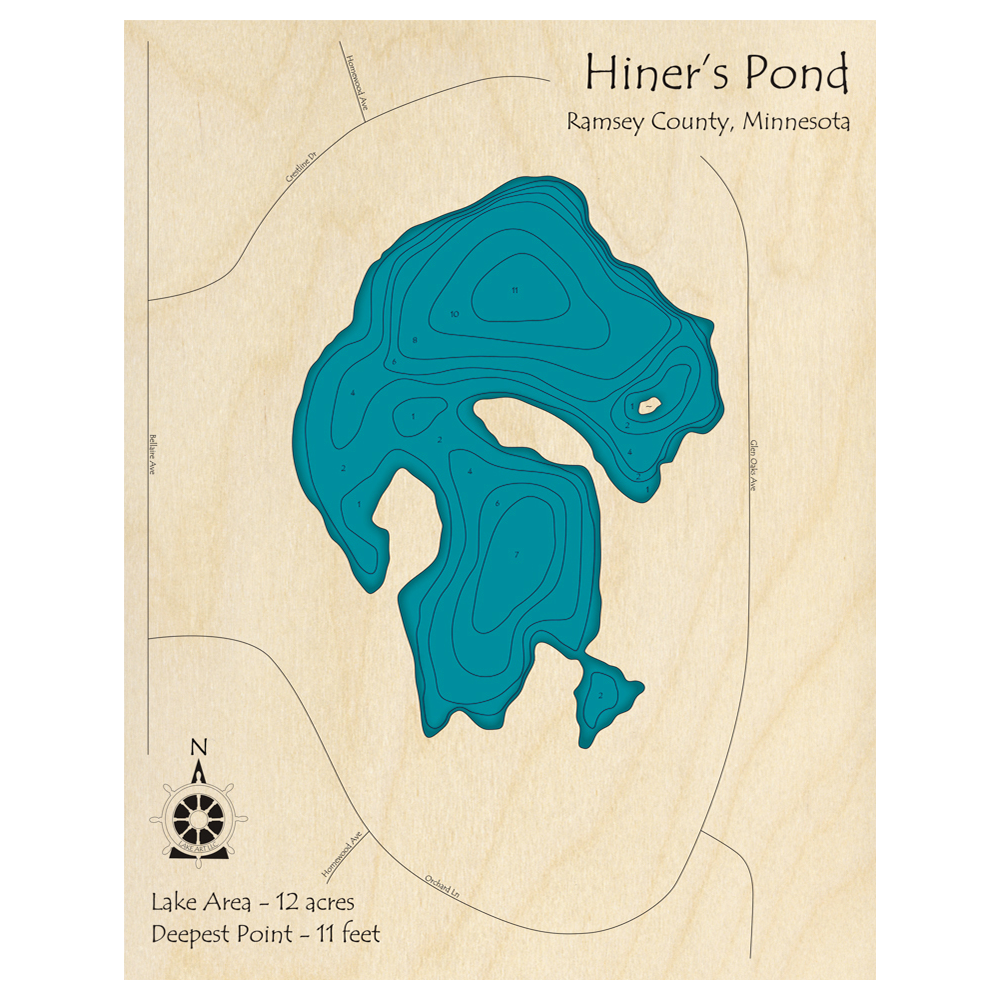 Bathymetric topo map of Hiners Pond, MN with roads, towns and depths noted in blue water.