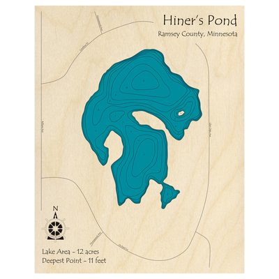 Bathymetric topo map of Hiners Pond, MN with roads, towns and depths noted in blue water.