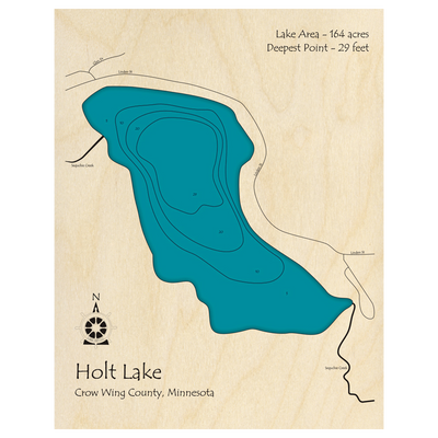 Bathymetric topo map of Holt Lake, MN with roads, towns and depths noted in blue water.