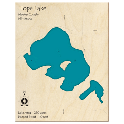 Bathymetric topo map of Hope Lake, MN with roads, towns and depths noted in blue water.