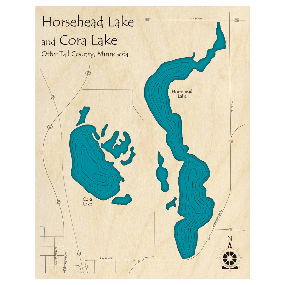 Bathymetric topo map of Horsehead Lake and Cora Lake, MN with roads, towns and depths noted in blue water.