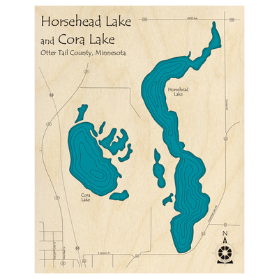 Bathymetric topo map of Horsehead Lake and Cora Lake, MN with roads, towns and depths noted in blue water.