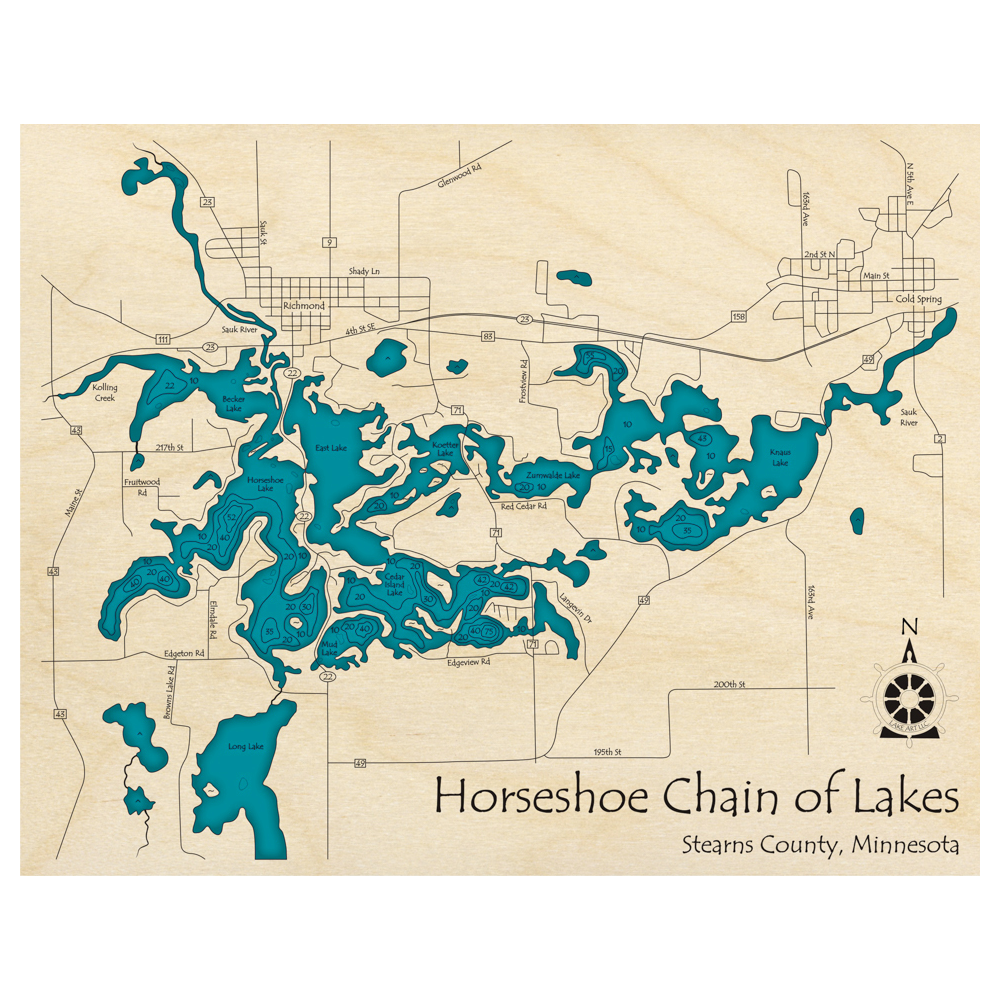 Bathymetric topo map of Horseshoe Chain, MN with roads, towns and depths noted in blue water.
