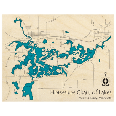 Bathymetric topo map of Horseshoe Chain, MN with roads, towns and depths noted in blue water.