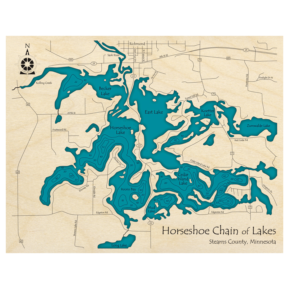 Bathymetric topo map of Horseshoe Chain of Lakes, MN with roads, towns and depths noted in blue water.