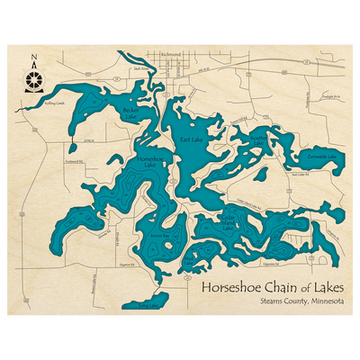 Bathymetric topo map of Horseshoe Chain of Lakes, MN with roads, towns and depths noted in blue water.