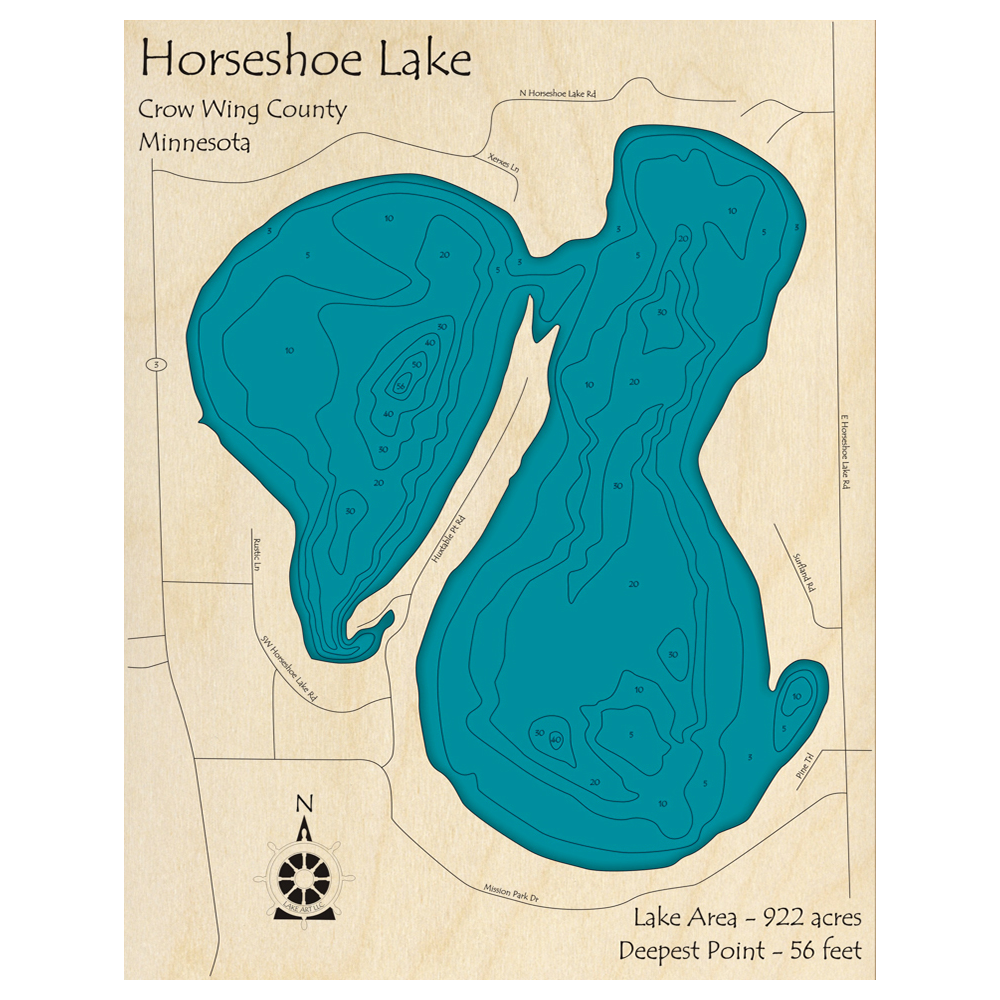 Bathymetric topo map of Horseshoe Lake, MN with roads, towns and depths noted in blue water.