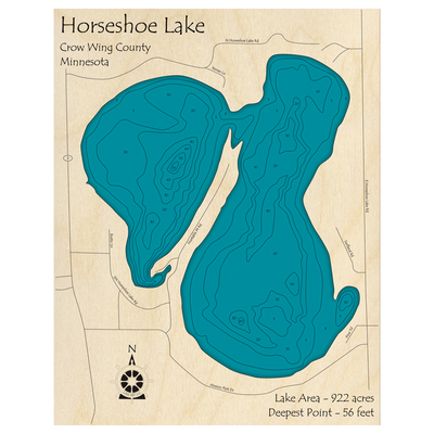 Bathymetric topo map of Horseshoe Lake, MN with roads, towns and depths noted in blue water.