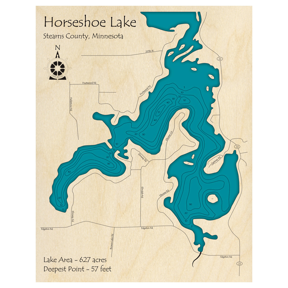Bathymetric topo map of Horseshoe Lake, MN with roads, towns and depths noted in blue water.