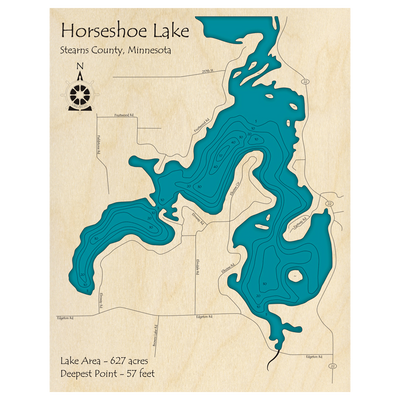 Bathymetric topo map of Horseshoe Lake, MN with roads, towns and depths noted in blue water.