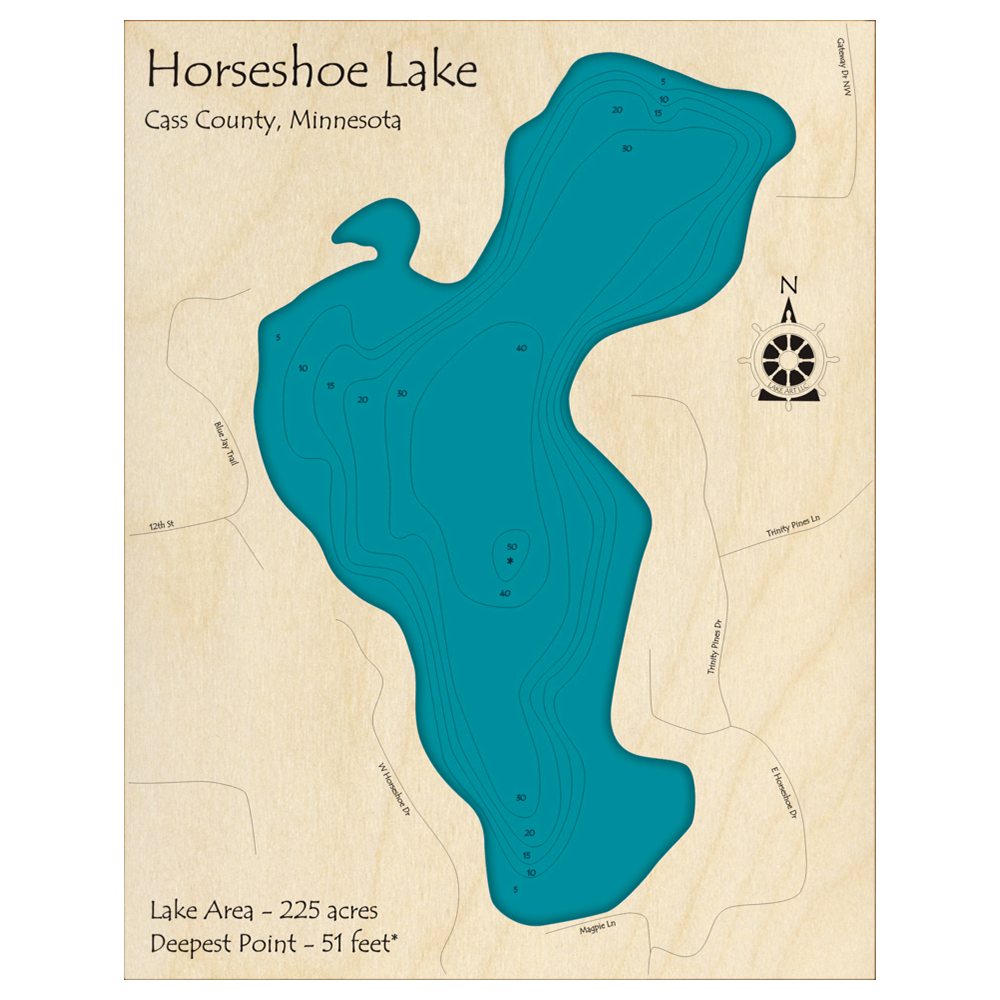 Bathymetric topo map of Horseshoe Lake, MN with roads, towns and depths noted in blue water.