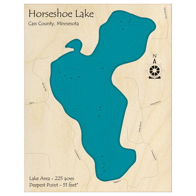 Bathymetric topo map of Horseshoe Lake, MN with roads, towns and depths noted in blue water.