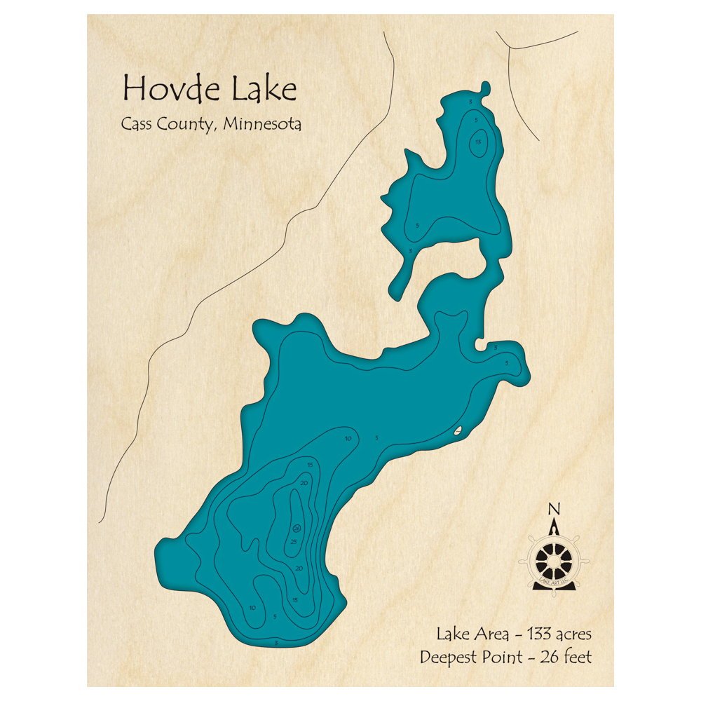 Bathymetric topo map of Hovde Lake, MN with roads, towns and depths noted in blue water.