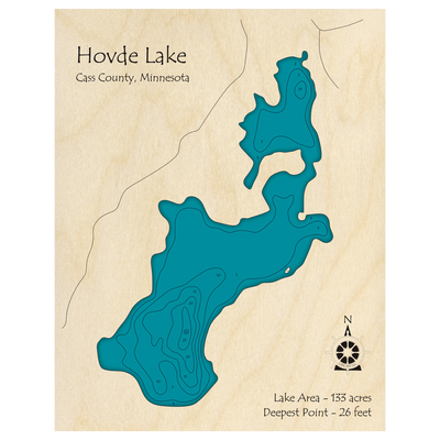 Bathymetric topo map of Hovde Lake, MN with roads, towns and depths noted in blue water.