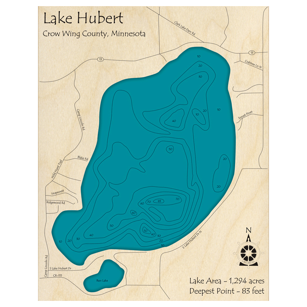 Bathymetric topo map of Lake Hubert, MN with roads, towns and depths noted in blue water.
