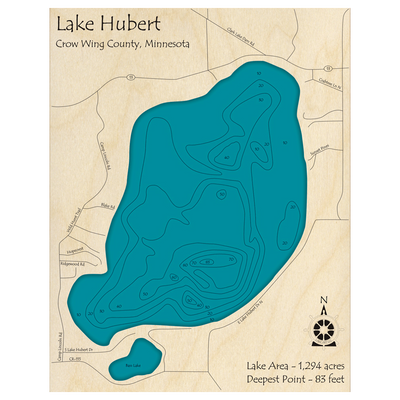 Bathymetric topo map of Lake Hubert, MN with roads, towns and depths noted in blue water.