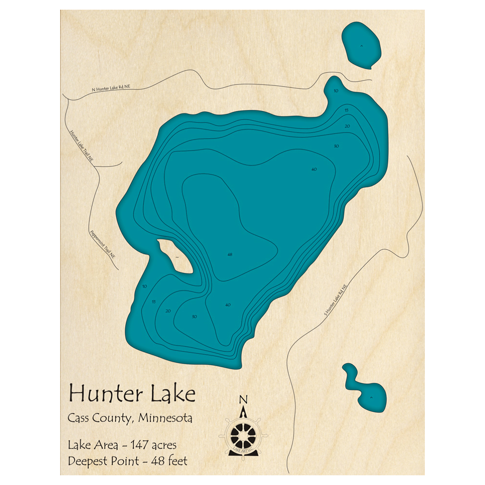 Bathymetric topo map of Hunter Lake, MN with roads, towns and depths noted in blue water.