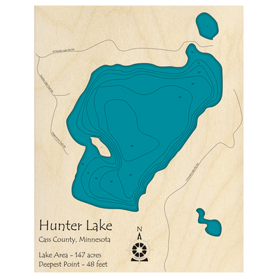 Bathymetric topo map of Hunter Lake, MN with roads, towns and depths noted in blue water.