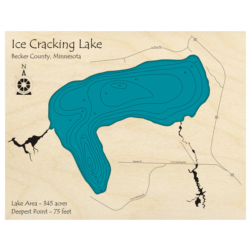 Bathymetric topo map of Ice Cracking Lake, MN with roads, towns and depths noted in blue water.