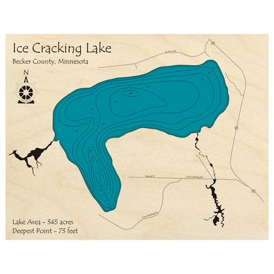 Bathymetric topo map of Ice Cracking Lake, MN with roads, towns and depths noted in blue water.