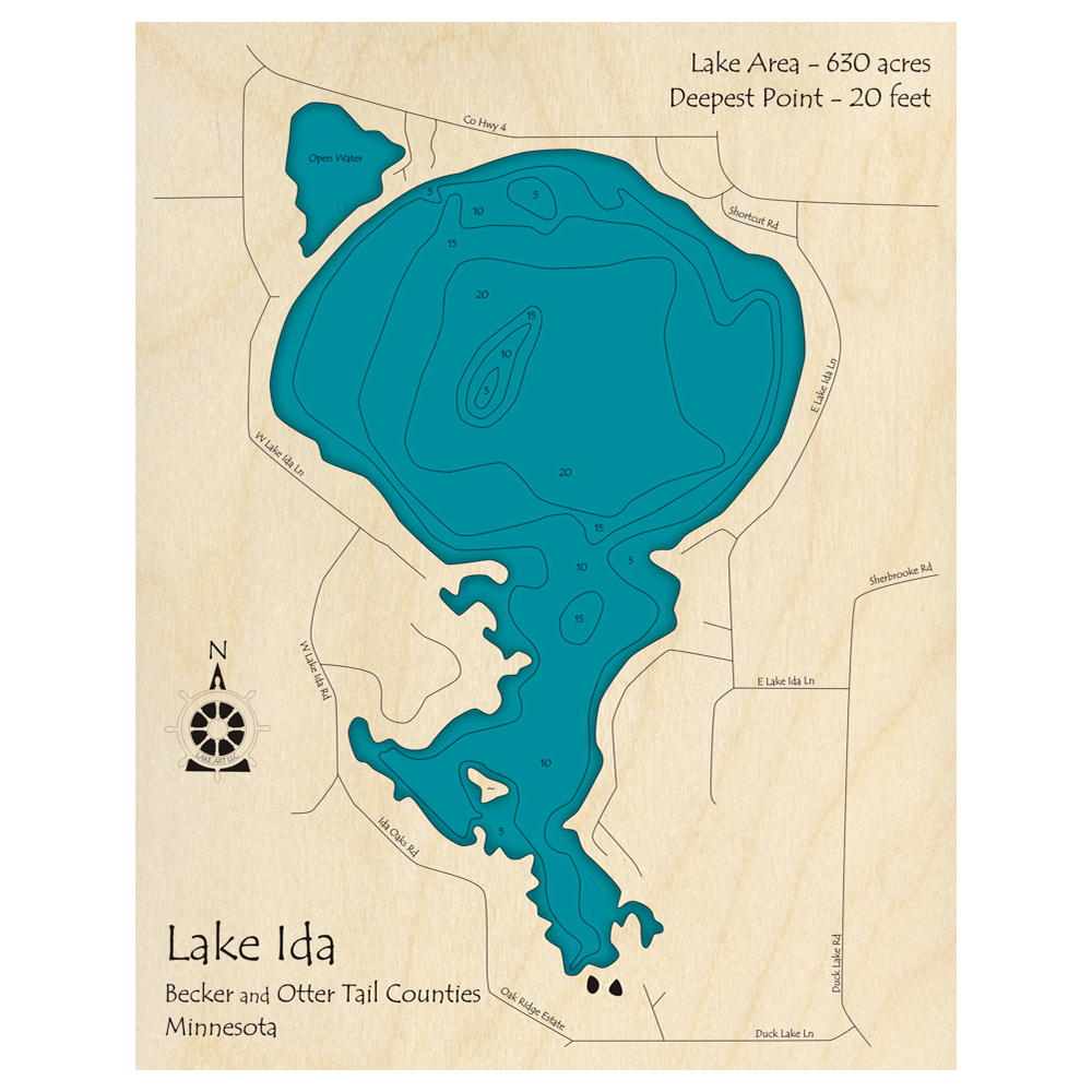 Bathymetric topo map of Lake Ida, MN with roads, towns and depths noted in blue water.