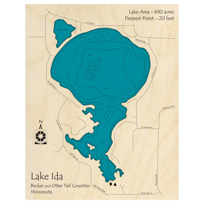 Bathymetric topo map of Lake Ida, MN with roads, towns and depths noted in blue water.
