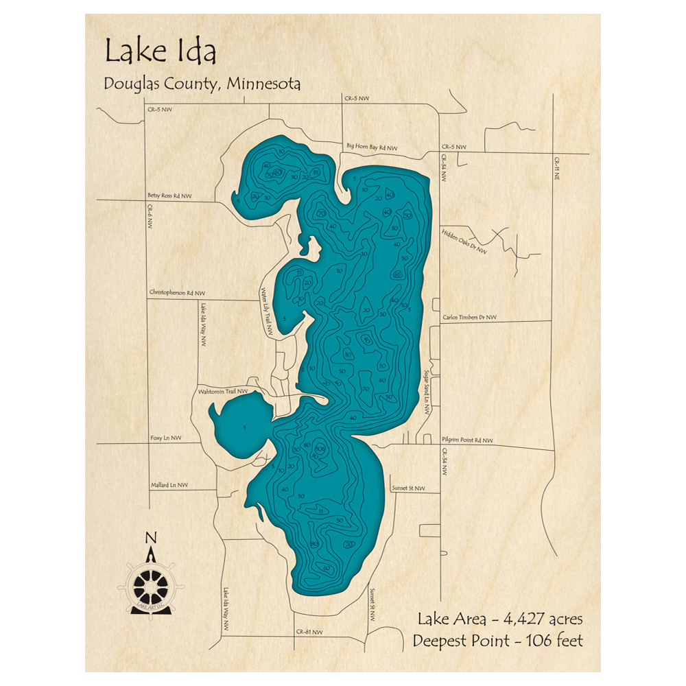 Bathymetric topo map of Lake Ida, MN with roads, towns and depths noted in blue water.