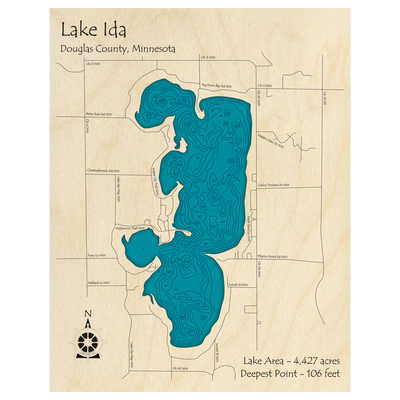 Bathymetric topo map of Lake Ida, MN with roads, towns and depths noted in blue water.
