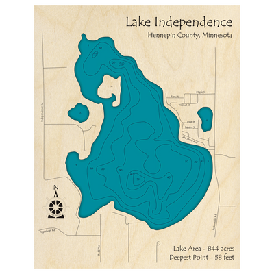 Bathymetric topo map of Lake Independence, MN with roads, towns and depths noted in blue water.