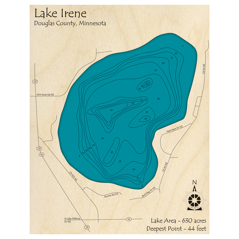 Bathymetric topo map of Lake Irene, MN with roads, towns and depths noted in blue water.
