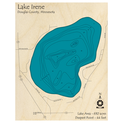 Bathymetric topo map of Lake Irene, MN with roads, towns and depths noted in blue water.