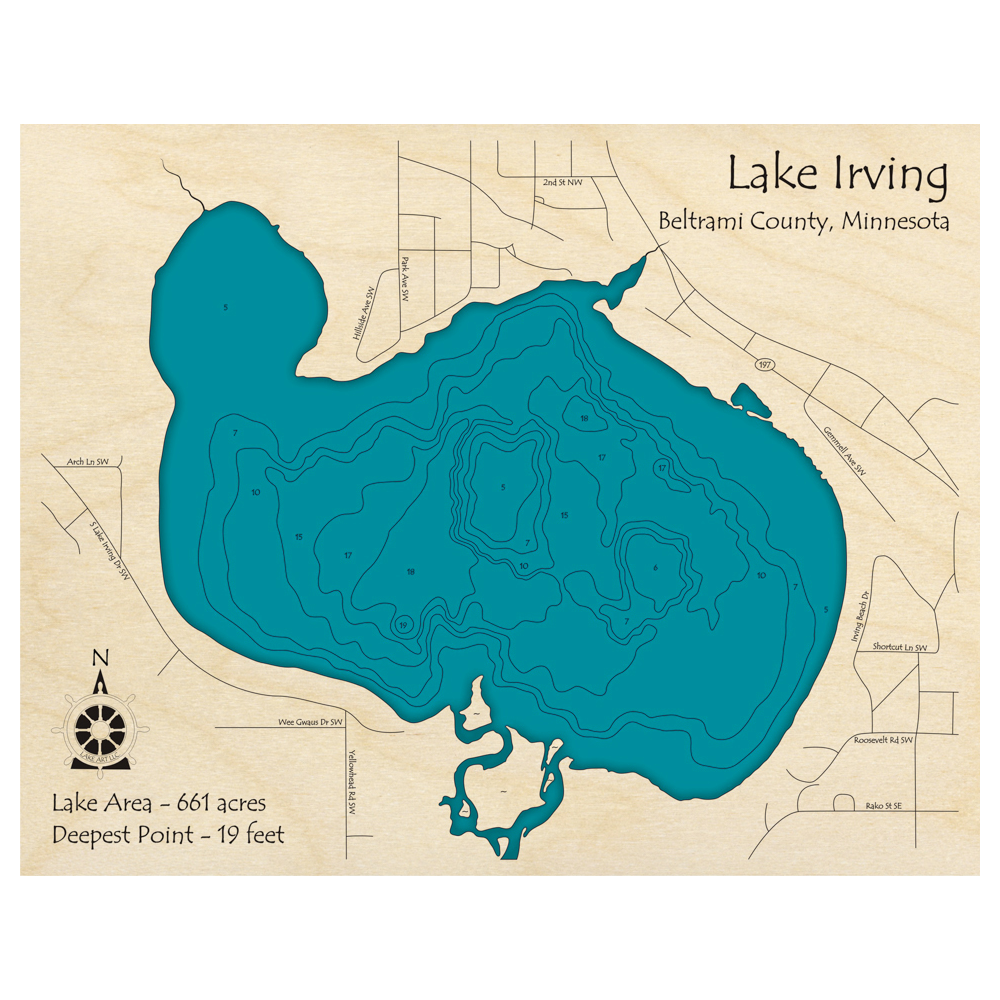 Bathymetric topo map of Lake Irving, MN with roads, towns and depths noted in blue water.