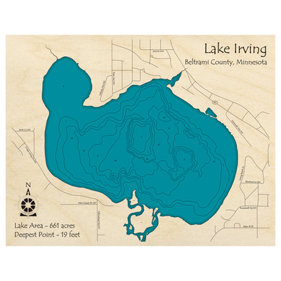 Bathymetric topo map of Lake Irving, MN with roads, towns and depths noted in blue water.