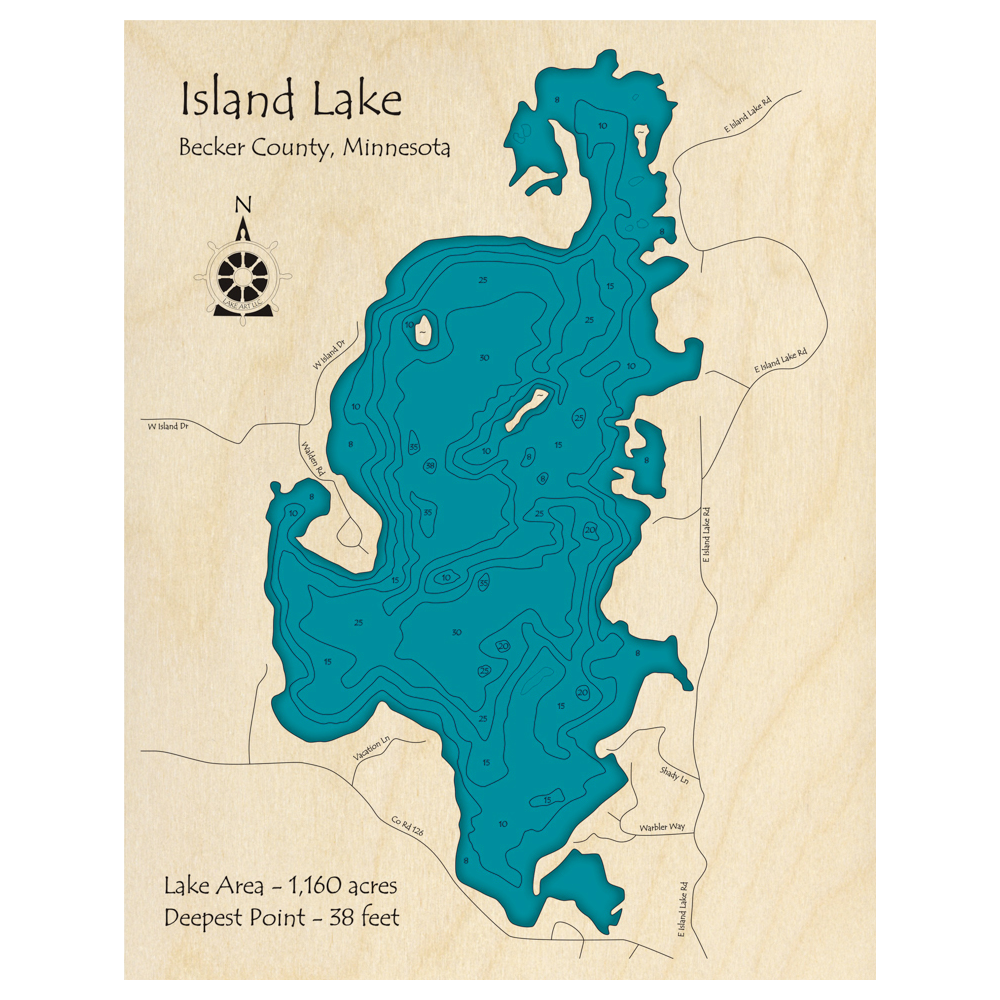 Bathymetric topo map of Island Lake, MN with roads, towns and depths noted in blue water.