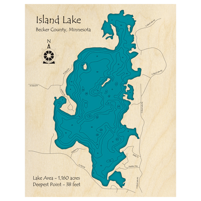 Bathymetric topo map of Island Lake, MN with roads, towns and depths noted in blue water.