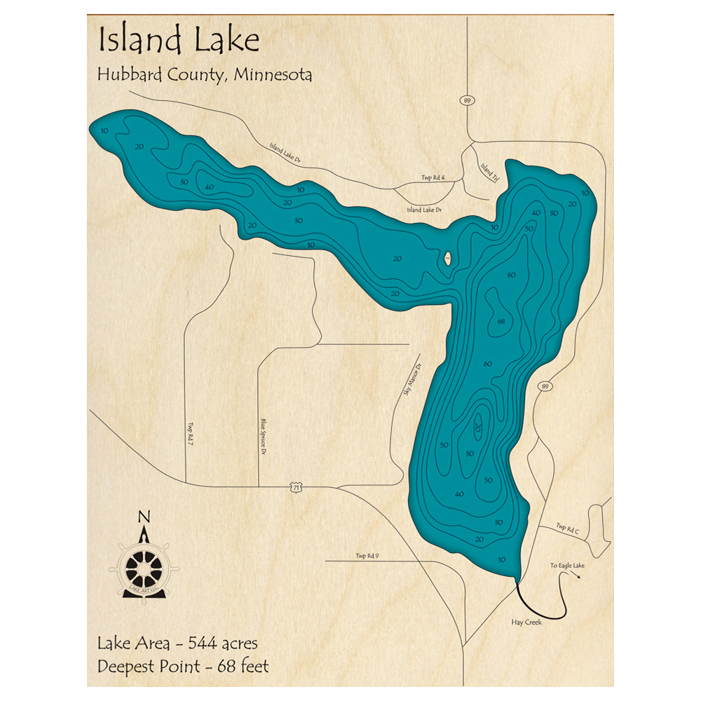 Bathymetric topo map of Island Lake, MN with roads, towns and depths noted in blue water.