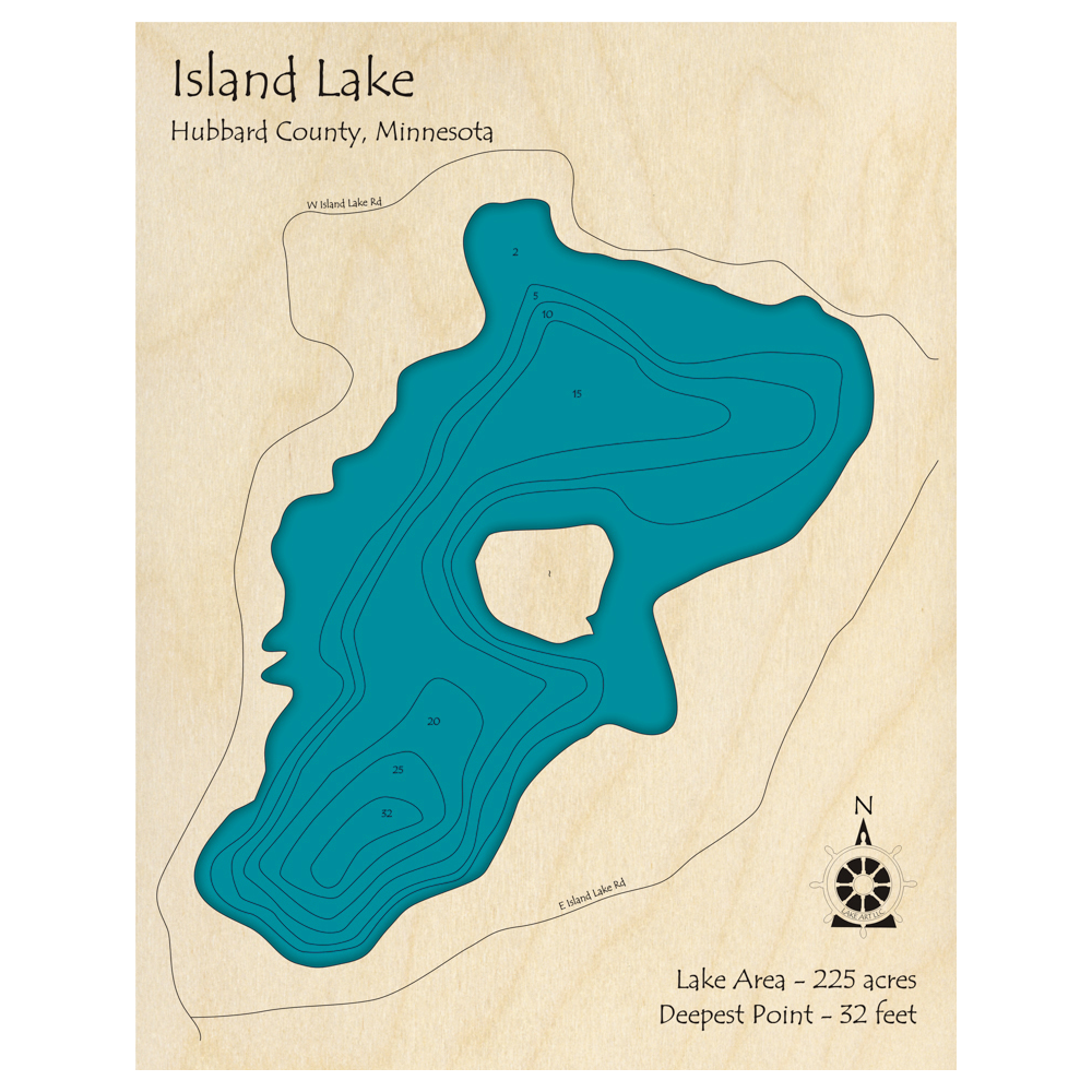Bathymetric topo map of Island Lake, MN with roads, towns and depths noted in blue water.