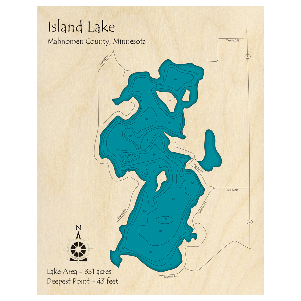 Bathymetric topo map of Island Lake, MN with roads, towns and depths noted in blue water.