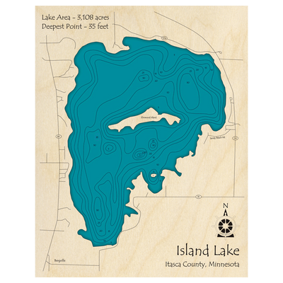 Bathymetric topo map of Island Lake, MN with roads, towns and depths noted in blue water.