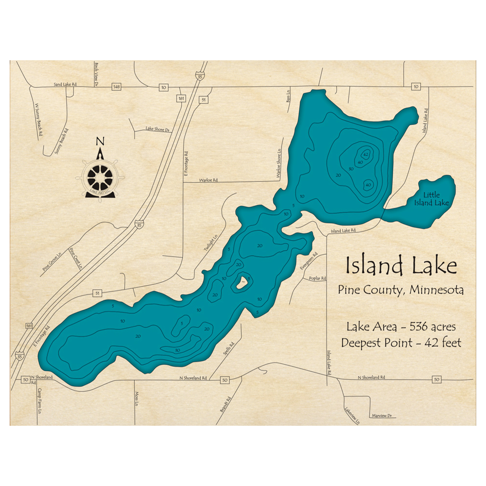 Bathymetric topo map of Island Lake, MN with roads, towns and depths noted in blue water.
