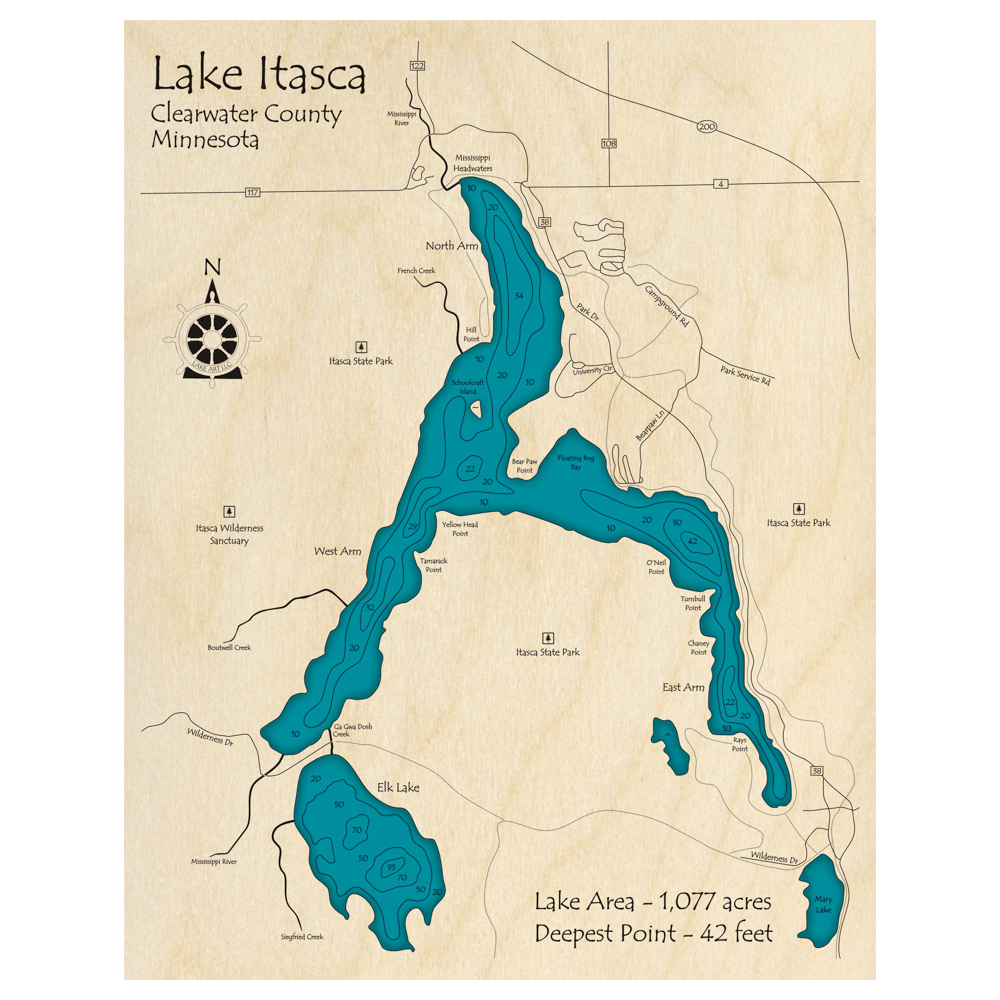 Bathymetric topo map of Lake Itasca, MN with roads, towns and depths noted in blue water.