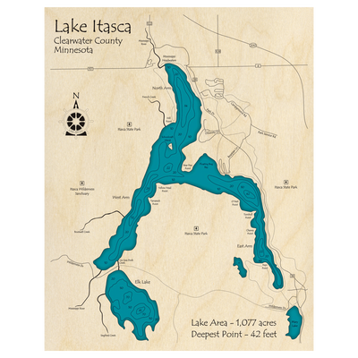 Bathymetric topo map of Lake Itasca, MN with roads, towns and depths noted in blue water.