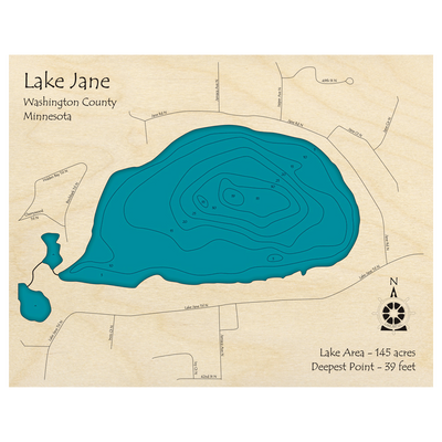 Bathymetric topo map of Lake Jane, MN with roads, towns and depths noted in blue water.