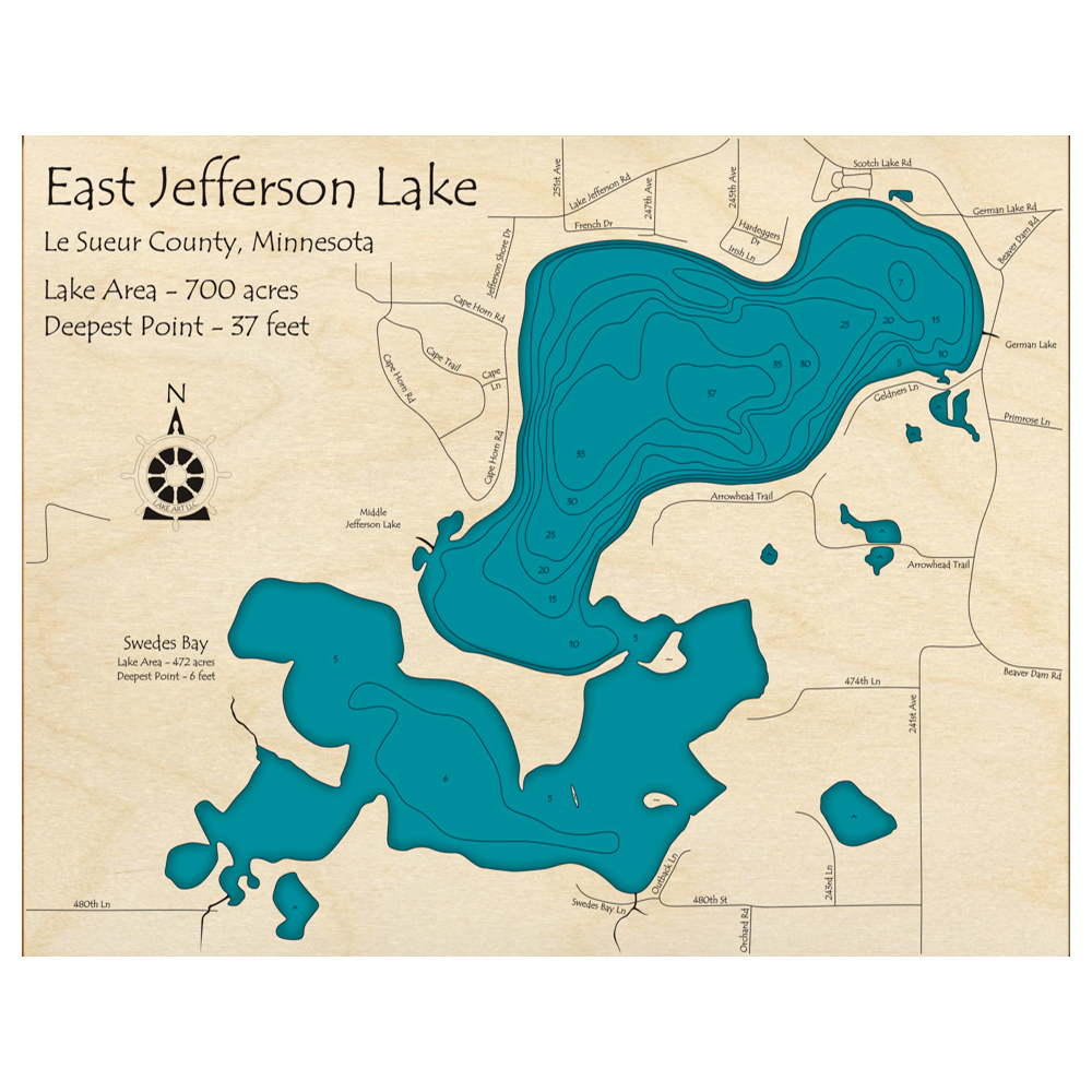 Bathymetric topo map of East Lake Jefferson, MN with roads, towns and depths noted in blue water.