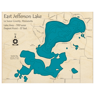 Bathymetric topo map of East Lake Jefferson, MN with roads, towns and depths noted in blue water.
