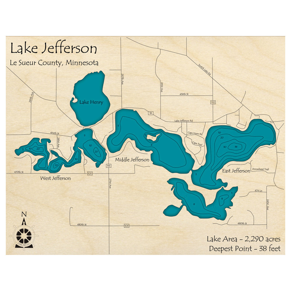 Bathymetric topo map of Lake Jefferson, MN with roads, towns and depths noted in blue water.